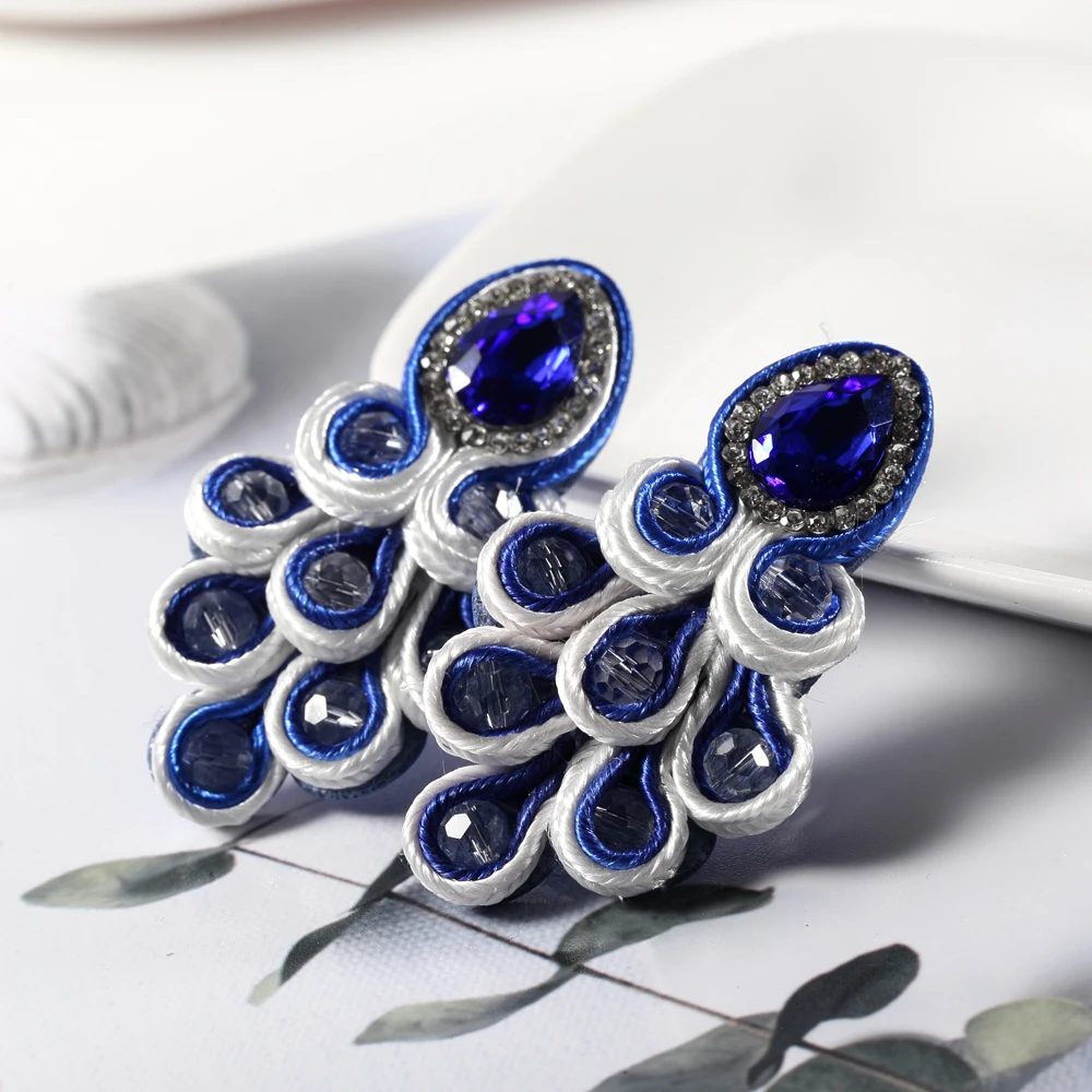 Handmade Soutache Drop earrings weaving blue black and white Rhinestone decoration women's jewelry beautiful earring Design new 3