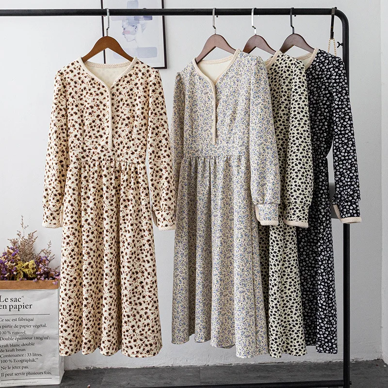 

2021 New Floral Printed Chiffon Dress Women Autumn Spring Long-Sleeved V-Neck Buttons High Waist Long Dresses Female Vestidos