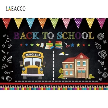 

Laeacco Back to School Backdrops Pennant Bus Blackboard Pencils Chalk Drawing Photography Backgrounds Baby Portrait Photozone
