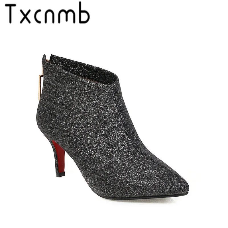 

TXCNMB 2019 Boots Women Shoes Woman Pointed Toe High Heels Ankle Boots Shoes Zipper Autumn Winter Size 34-43