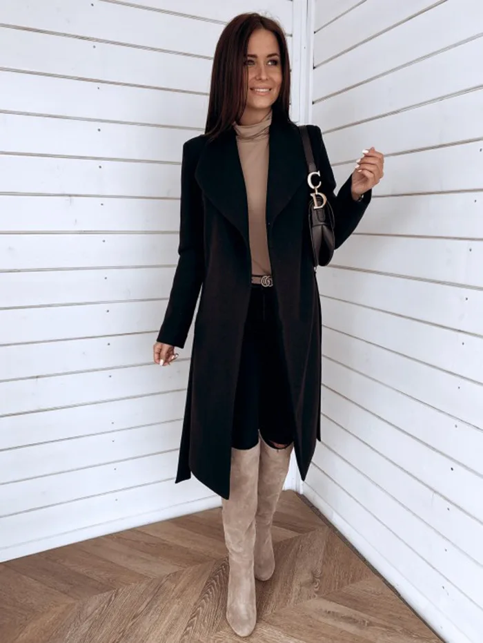 Women Long Sleeve Turn-Down Collar Coat Autumn Winter Warm Soft Slim Belt Robe Pocket Overcoat Casual Thick Coat Plus Size