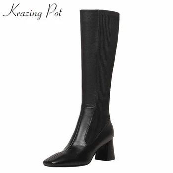 

Krazing Pot stretch boots natural leather knitting patchwork korean stree square toe thick hig heel slip on knee-high boots L9f5