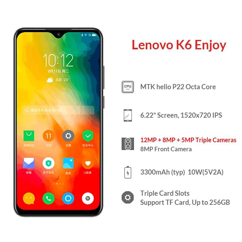 Lenovo K6 Enjoy L38082 смартфон с восьмиядерным процессором MTK Helio P22 ОЗУ 4 Гб ПЗУ 64 ГБ 12 МП AI