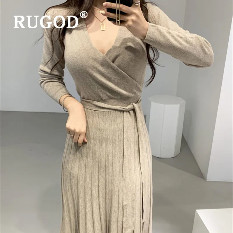 RUGOD корейские элегантные вязаные платья для женщин с v-образным вырезом на