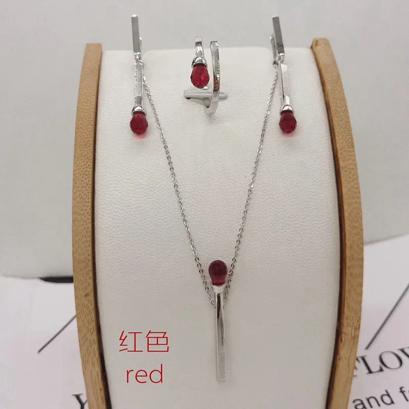 

Crystal Match Pendant Jewelry Set Cuff Stud Earring Colorful Charm Necklace Finger Ring Fire Matchstick Design Women Wedding