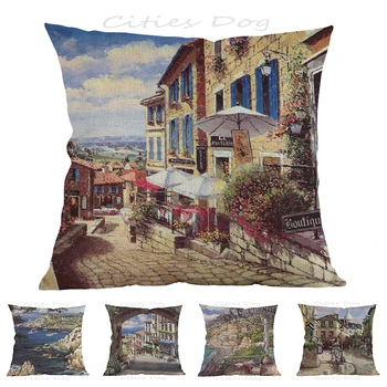 

European style street painting art in Saint-Emilion France 45*45cm square pillow case Cushion cover bar sofa pillow cushion cove