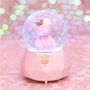 

10*15.8CM Night Light Music Box Geometric bear Snow Globe Glass Crystal Ball Music Box Craft Home Desktop Decor Wedding Gift