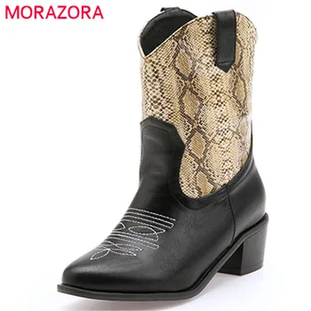 

MORAZORA 2020 new fashion Western boots mixed colors snake square heels casual shoes simple autumn winter ankle boots female