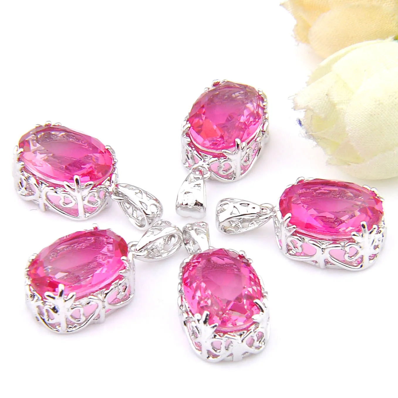 MIX 5 PCS Xmas Gifts Big Offer Oval Pink Rainbow Bi-Colored Tourmaline Necklaces Pendants for Holiday Party Gifts