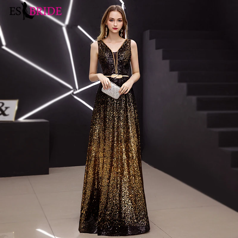 

Contrast Color Sequined Evening Dress 2019 V-Neck Sleeveless Simple Evening Gowns Long Party Formal Dresse ES3032