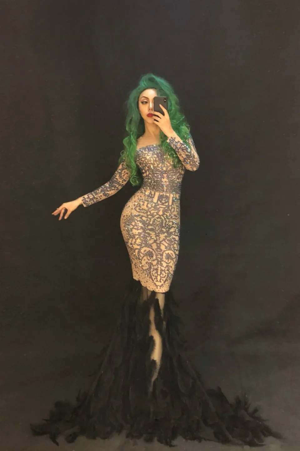 Sparkly Rhinestone Black Feather Stretch Long Dress Show Women Sexy Dresses Birthday Celebrate Outfit Nightclub Party Costumes