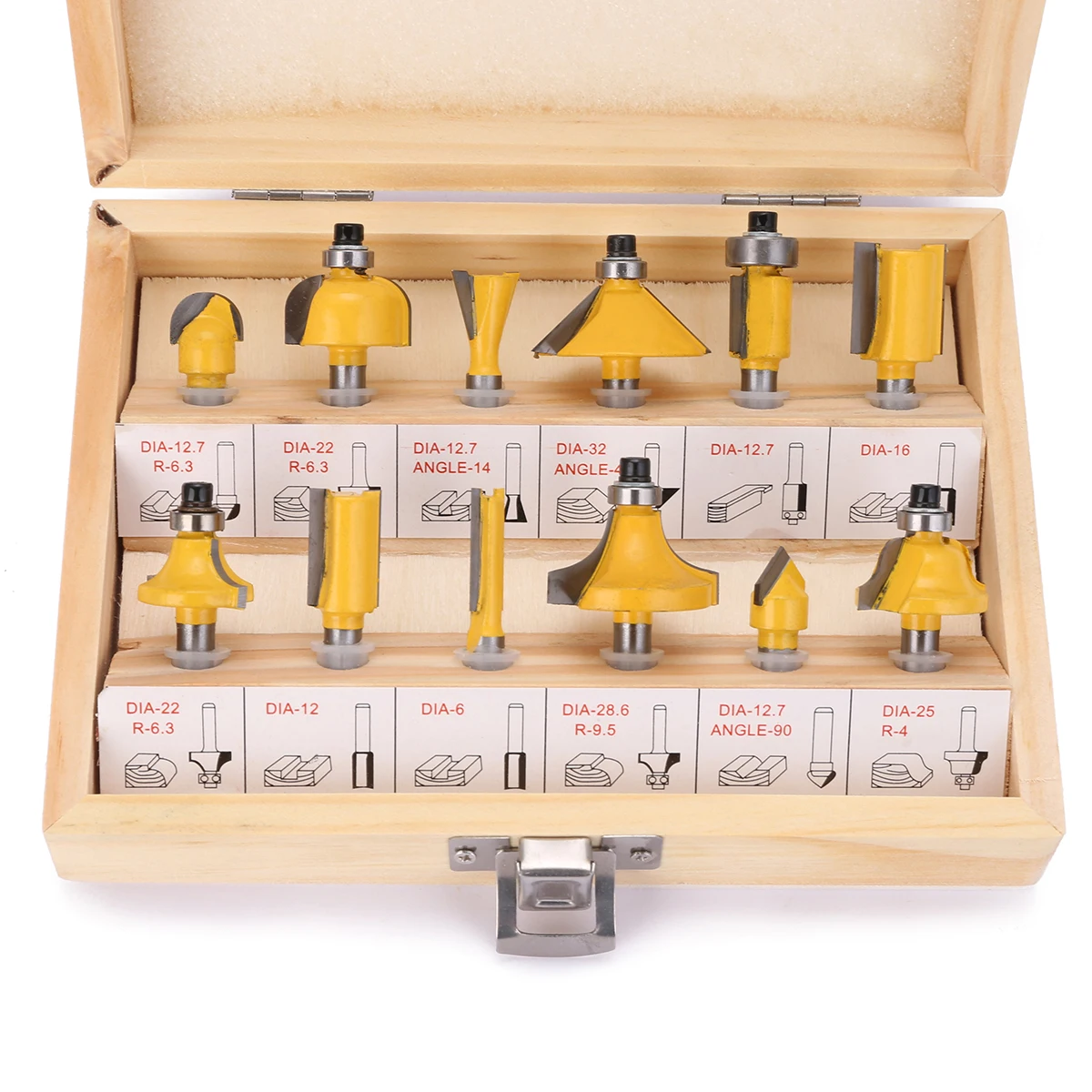 12pcs 1/4 inch Shank Carbide Steel Flush Trim Router Bit Set Woodworking Milling Cutter Power Tools with Wooden Box