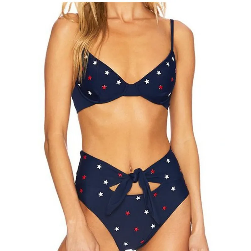 

Underwire Bikini Brazilian 2019 Navy Blue Retro High Waist Swimsuit Star Sexy 2 Piece Pushup Cute Swimwear Women Bathing Suit