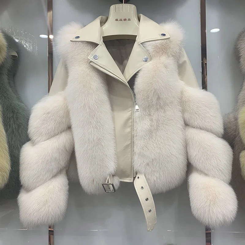 Cream Новое поступление, женские модные меховые пальто, настоящий Полный Пелт, Лисий мех, верхняя одежда из натуральной овчины, кожаные куртки S7650 - Цвет: Cream
