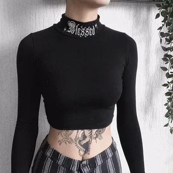 

NCLAGEN Embroidery Letter Turtleneck Long Sleeve With Gloves Women Slim Fitness T Shirt Gothic Black Crop Tops Punk Girl T-shirt