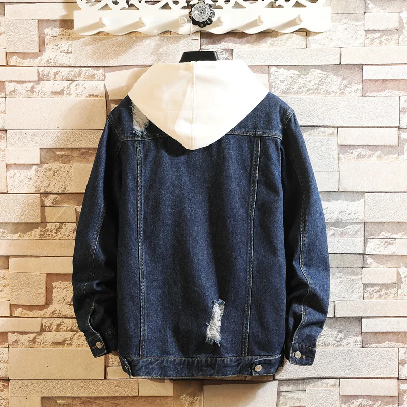 50% OFF Hole Denim Jacket Men's Fashion Washed Solid Color Casual Retro Denim Jackets Mens Streetwear Loose Hip Hop Bomber Jacket Men