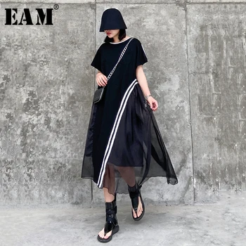 

[EAM] Women Black Mesh Striped Irregular Big Size Dress New Round Neck Short Sleeve Loose Fit Fashion Spring Summer 2020 1T776