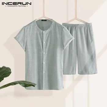 

INCERUN Striped Men Pajamas Sets Homewear Short Sleeve Button Sleepwear Tops Casual Calf-length Pants Vintage Mens Sets S-5XL