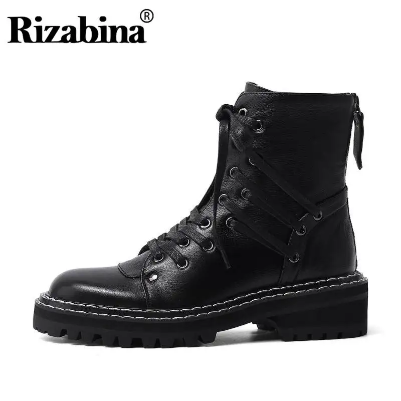 

RIZABINA Women Ankle Boots Real Cow Leather Motorcycles Shoes Women Casual Lace Up Flats Short Boots Punk Footwear Size 33-40