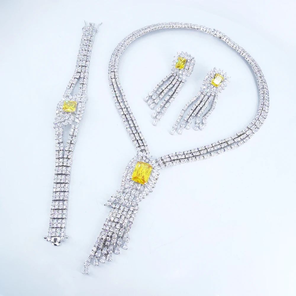 

2023 new fashion Luxury tassel crystal square zircon necklace earrings bracelet wedding bridal banquet dressing jewelry set