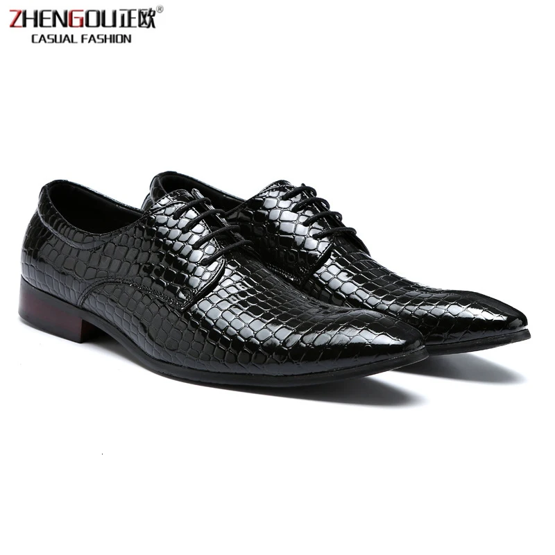 

zhengou Large Size 38-48 Men Crocodile Pattern Pointed Toe Lace Up Genuine Leather Bright Business Dress Wedding Shoes