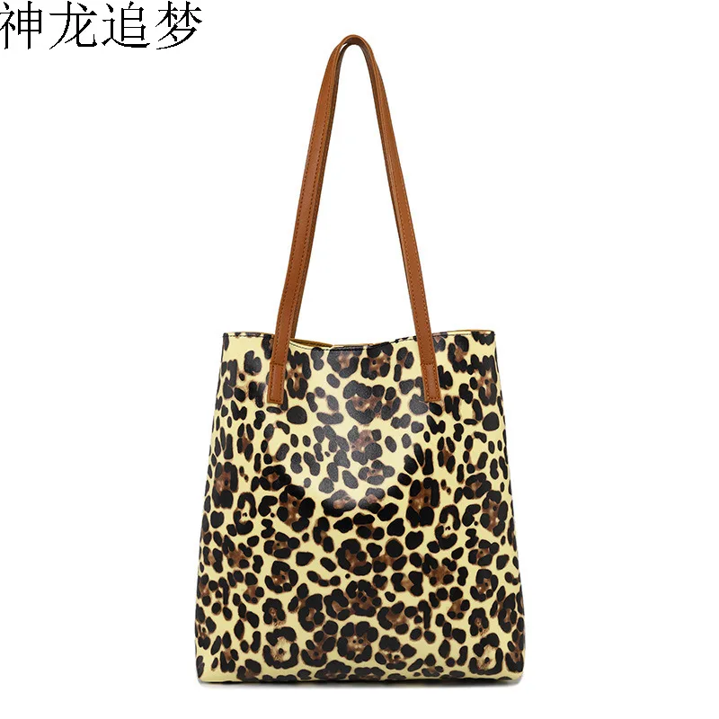 

autumn and winter Leopard pattern PU leather bag tiger bucket big bag wild shoulder bag female wild trend tote bag handbag
