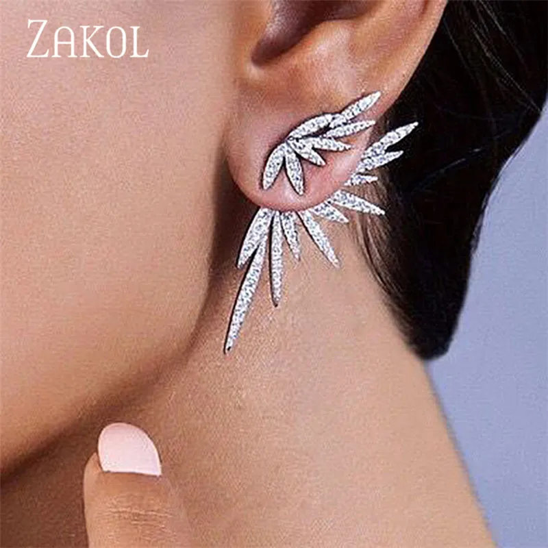 ZAKOL 2020 Elegant Feather Shape White Gold Color High Quality Cubic Zirconia Jewelry Party Stud Earrings for Women FSEP2539