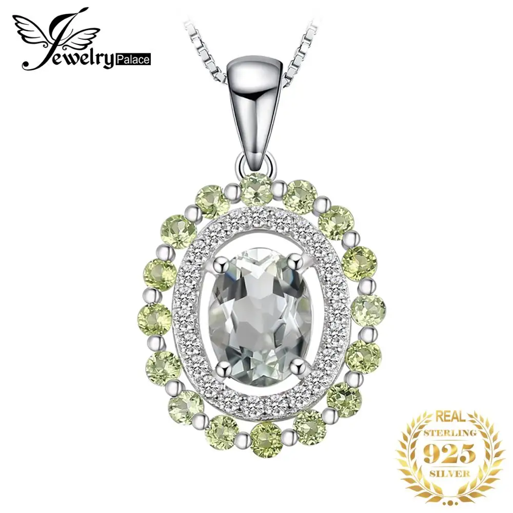 JewelryPalace Genuine Round Peridot Oval Green Amethyst 925 Sterling Silver Pendant Necklace for Women Gemstone Choker No Chain