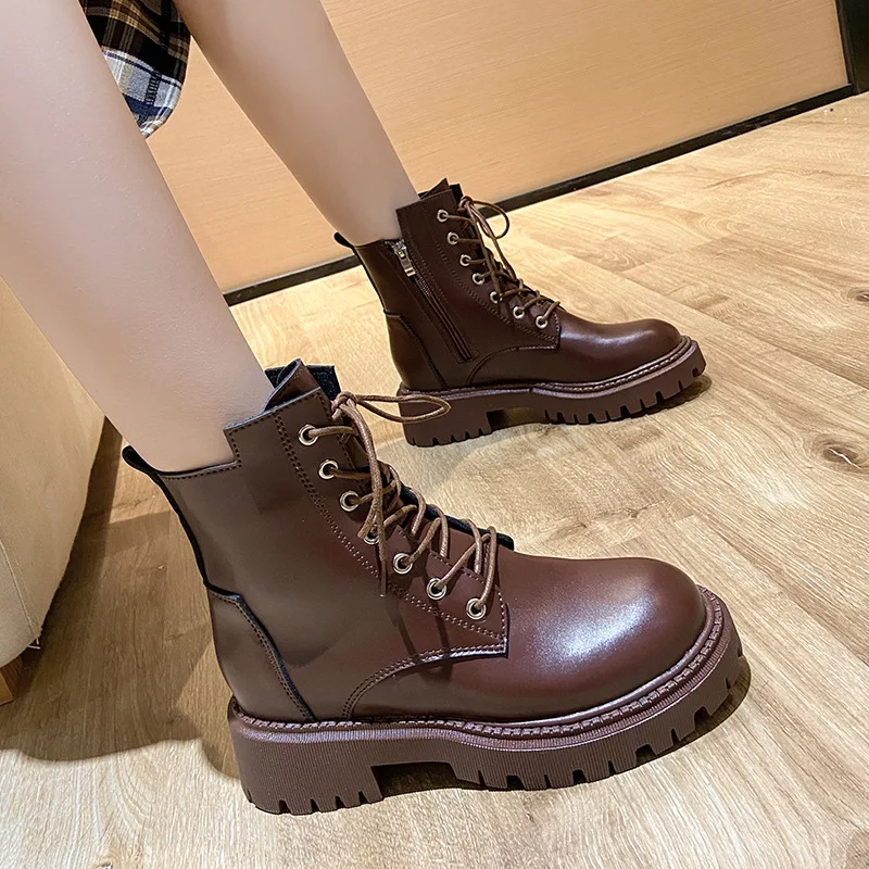Women's Platform High Chunky Heels Pumps Lace Up Casual Shoes Boots PU Leather 