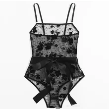 

Women's Sexy Perspective Mesh Suspender Jumpsuit Floral Fit Lace V-Neck Milk Silk Solid Color Sexy Jumpsuit Waist StrapUnderwear