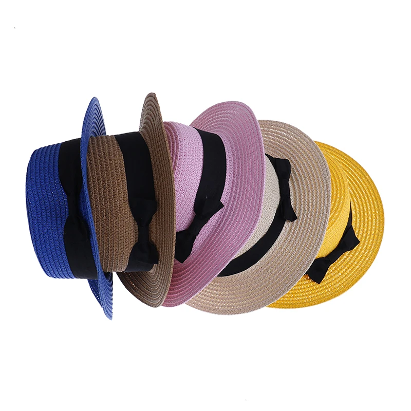 2-8T Mother Lovely Bowknot Flat Wide Brim Cap Summer Boho Straw Sun Hat Daughter Macthing Beach Cute Hat Women Kids Baby Girls