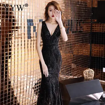 

Women Sequined Evening Dress Black Deep V Neck Sexy Robe De Soiree Sleeveless Luxury Elegant Mermaid Dress Women Party Vestidos