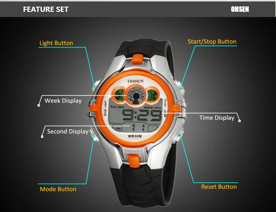 OHSEN, детские спортивные часы для мальчиков и девочек, водонепроницаемые оранжевые часы, 7 цветов, светодиодный светильник, Многофункциональные цифровые часы