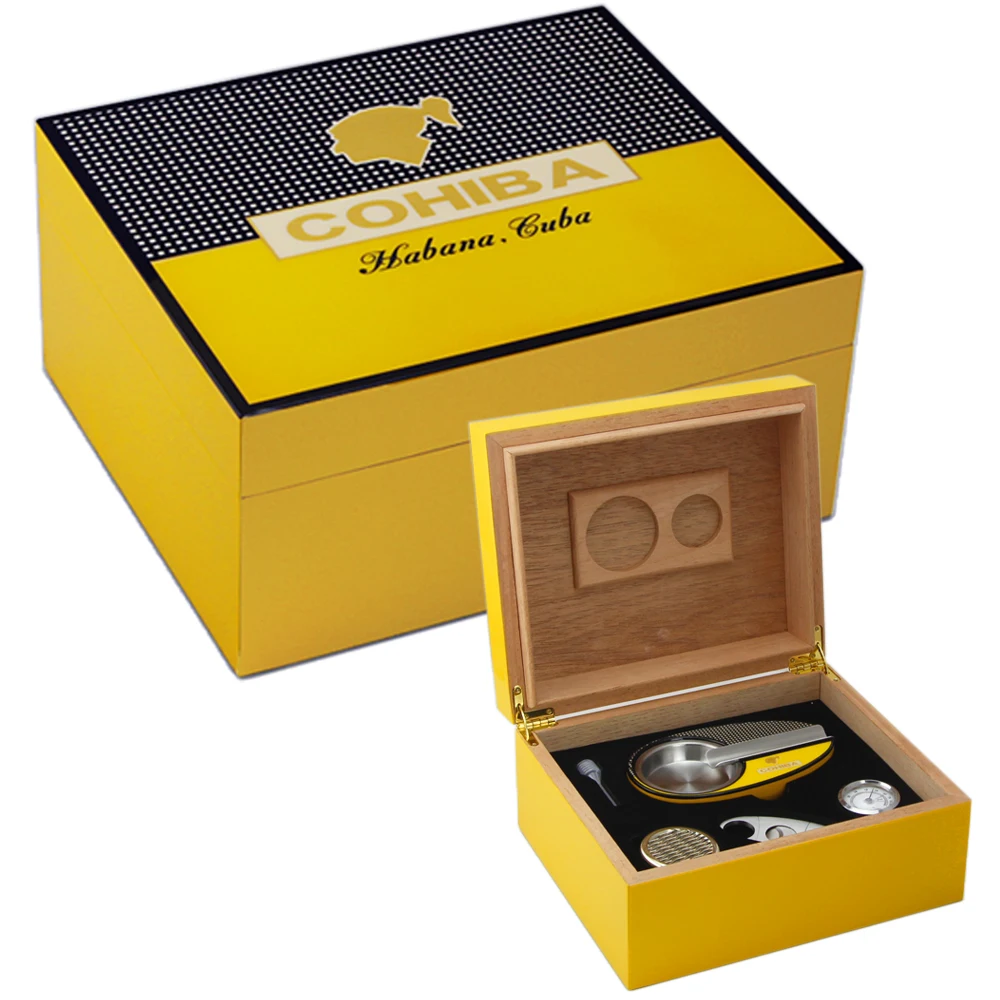 

COHIBA Humidor Cigar Box W/ Metal Ashtray Home Portable Cigar Cutter Hygrometer Humidifier Cigar Humidor Box