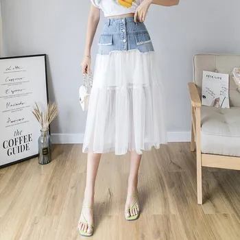 

Korean Denim Patchwork Lace Skirt For Women High Waist Big Size Midi Skirts Female Fashion Clothes 2020 Summer Elegant Harajuku