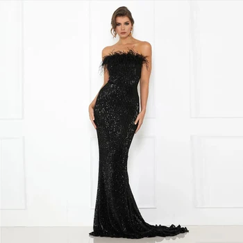 

Strapless Black Feathers Patchwork Sequined Evening Party Gown Maxi Dress Floor length Mermaid Sleeveless