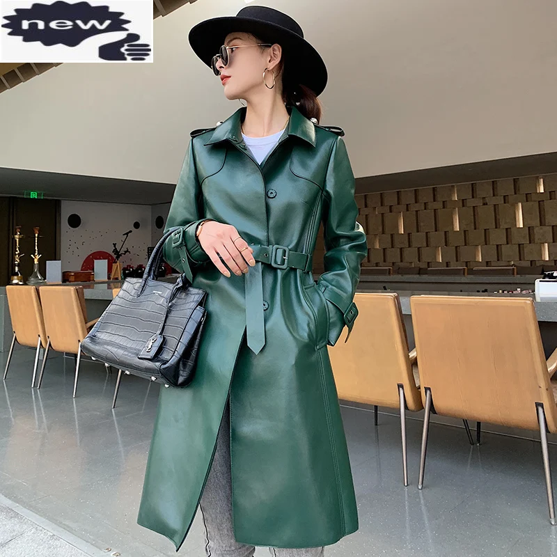 

Dark Green Womens Sheepskin Genuine Leather Jacket Street Style Classic Double Breasted Slim Fit Long Windbreaker Runway Coat