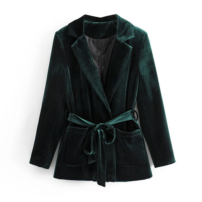 Женские модные черные бархатные куртки с поясом, женские блейзеры с элегантными карманами, однотонные костюмы для женщин - Цвет: Зеленый
