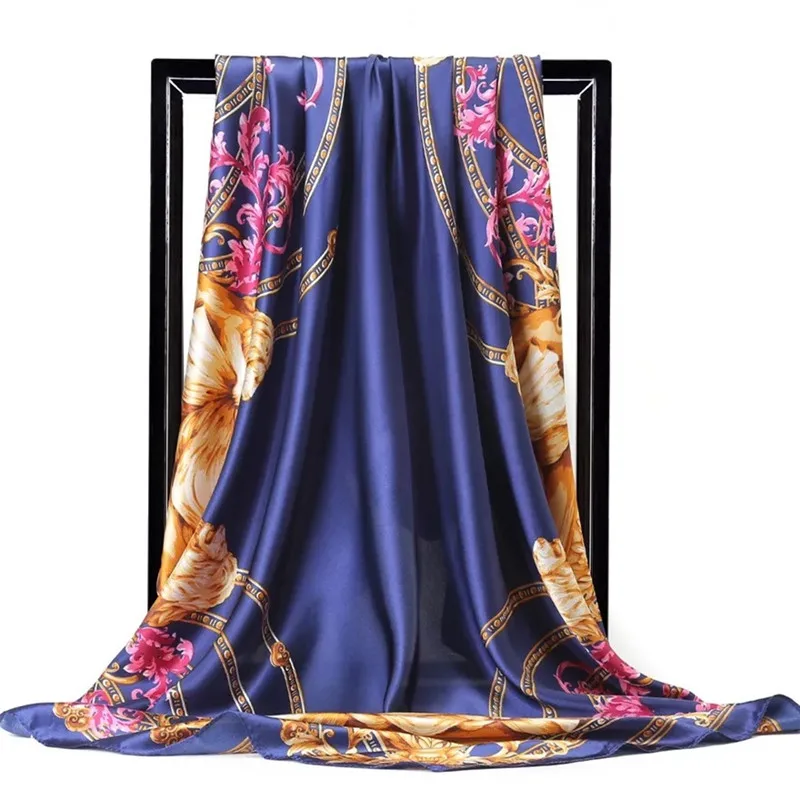  Silk Scarf Women Print hair neck Square Scarves Office Ladies Shawl Bandanna 90*90cm Muslim Hijab H