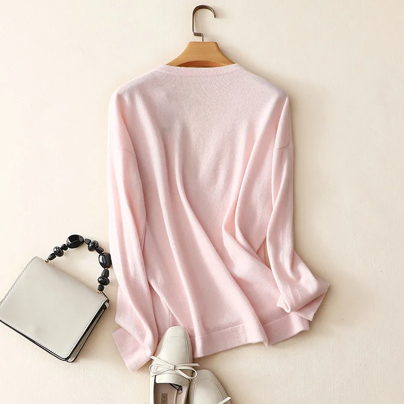 US $148.50 100 cashmere v neck sweater knitted women pocket long sleeve pink pullovers