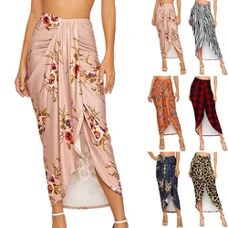 Jaycosin saias casuais femininas fenda envoltório assimétrico elástico de cintura alta maxi drapeado impressão saia senhora babados envoltório hip falda