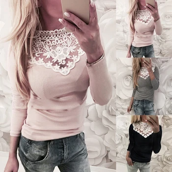 

2019 Ladies T shirt Slim Stretched Soft Long Sleeve Basic Tee Tops Spring Patchwork Fashion Sexy Lace Hollow Out Collar T-shirt