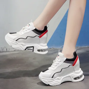

SWONCO Breathable Spring Casual Shoes White Women Platform Sneakers 2020 New Wedges Chunky High Heel Sneakers For Women White
