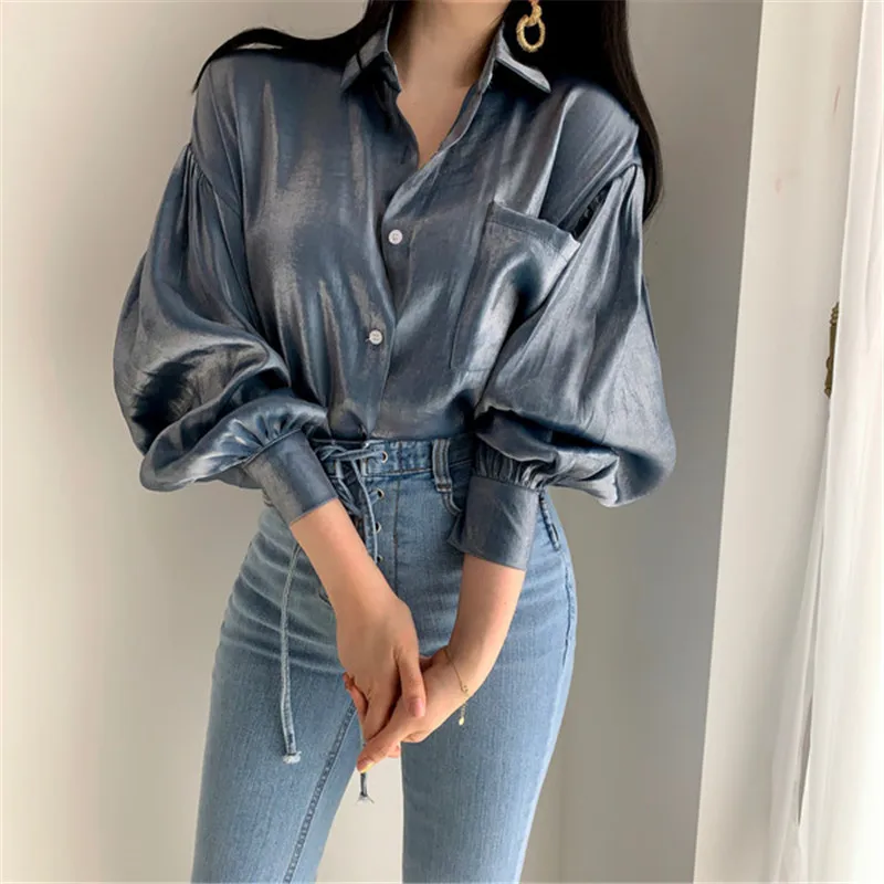 

new fashion elegant women aglossy blouse lantern sleeve turn down collar bling shirt streetwear tops spring autumn P331