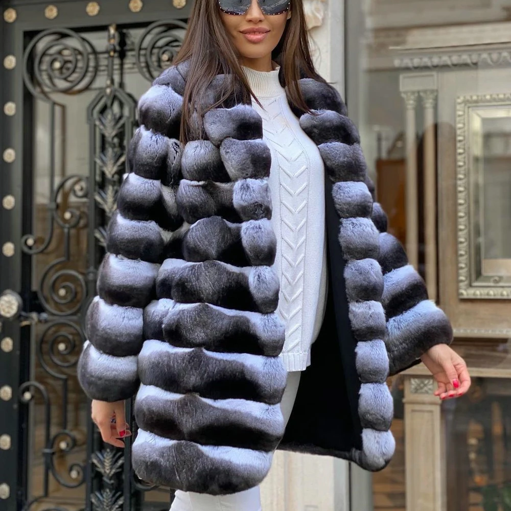 Mid-length Natural Rex Rabbit Fur Jacket with Turn-down Collar High Quality Women Winter New Genuine Rex Rabbit Fur Coat Outwear