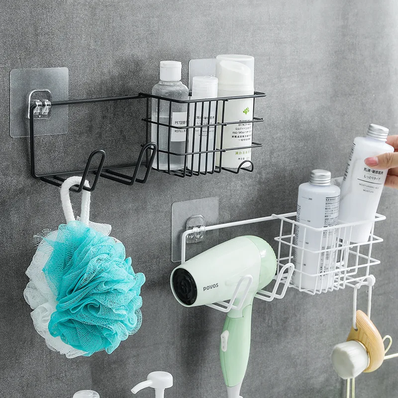 

Wall-Mount Hair Dryer Holder Metal Storage Shelves Multifunction Shower Racks Organizer Bathroom Hanging Basket Home Accessories