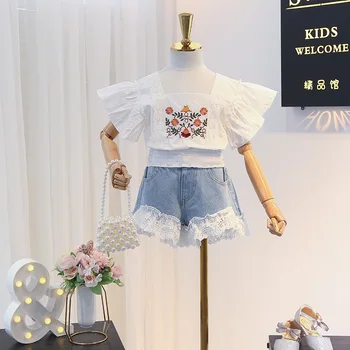 

suit girls 2020 summer square collar embroidered short sleeve withdenim shorts two sets of children's ins wind suit