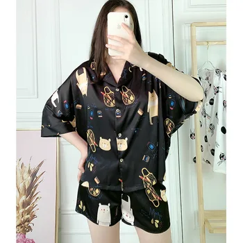 

Samwestart 2020 Ins 2 Piece Autumn Women Sleepwear Faux Silk Satin Pajamas Set short Sleeve Sleepwear Pajamas Suit pijama mujer