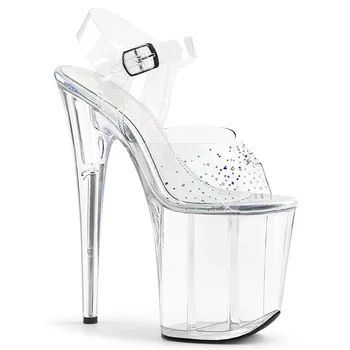 

Walking Show 20CM Thin High Heels Shoes Women Sandals PVC Buckle Strap Open Toed waterproof Rhinestone Bling Party women shoes