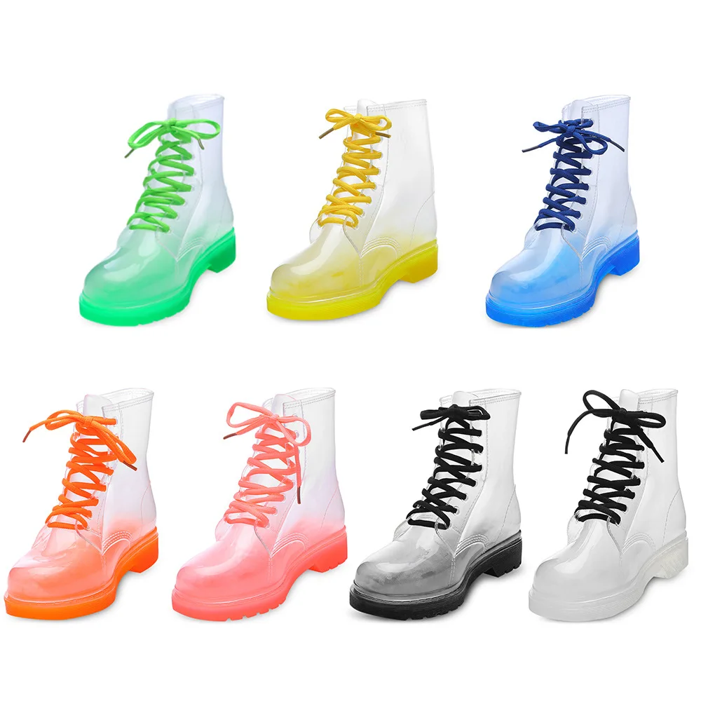 Aleafalling Women Rain Boots Mature Lady Lace Up Waterproof Lady Shoes Transparent Candy Color Ankle Outdoor Girl's Shoes